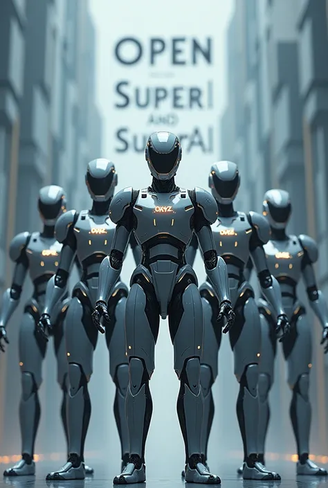 Show me an image of a group of futuristic AI robots with the letters O.XYZ and a background. In the background are the words Open AI and Super AI. The background should be large.