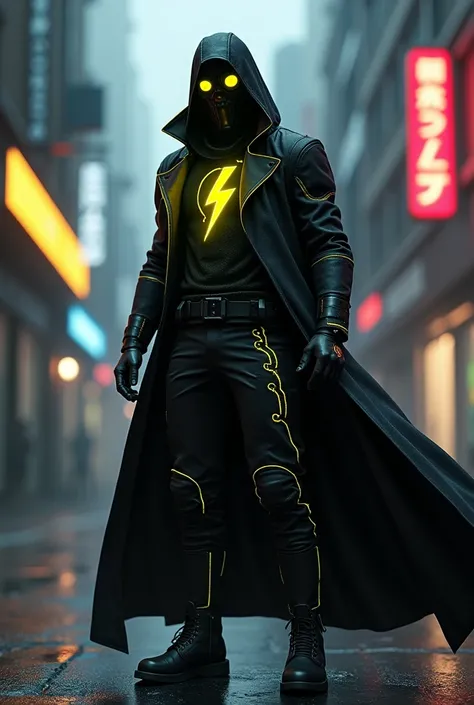 masked heroes high tech hero with black mask, black tactical suit and cover with black trench coat with many neon yellow lining pattern, yellow neon EYE and with neon yellow lightning logo on his chest