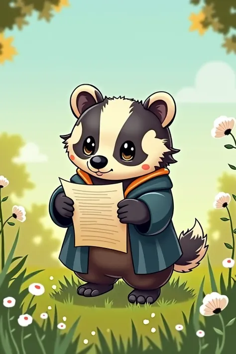 Draw a chibi badger standing on a field that holds documents and reads them