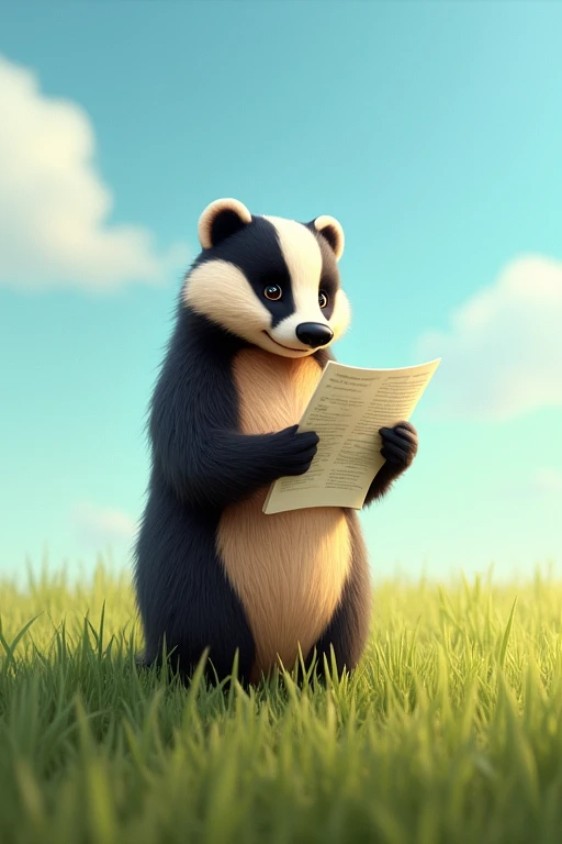 Draw a badger standing on a field that holds documents and reads them