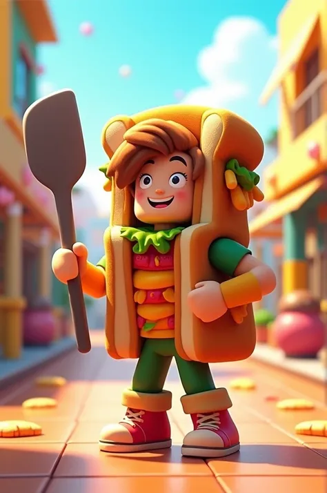 roblox style, character with sandwich costume and a spatula in his hand