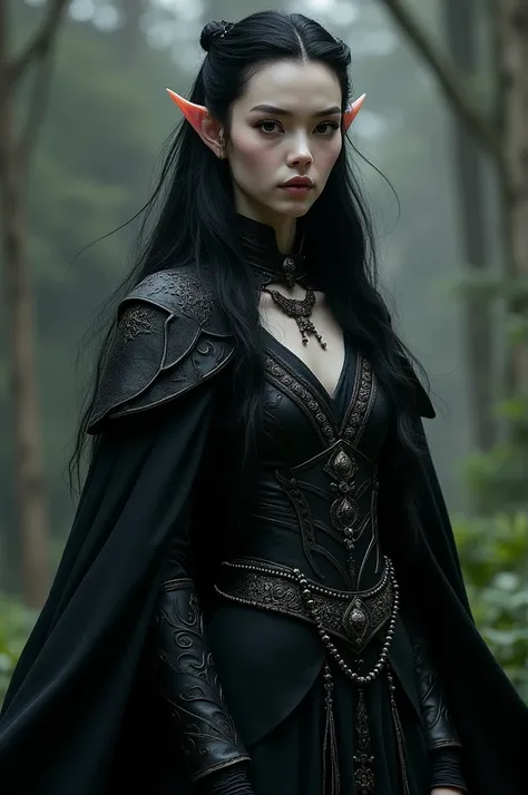 a fully black eyed, black hair, and pale skin elf make wearing black royal elven clothes and armor with slightly feminine and sharp facial features