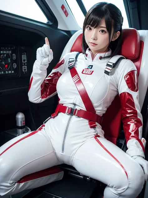 Japanese female android,White and red shiny robot suit,Wide-legged squats,Black Hair,Space capsule,I was completely strapped to my seat in the cockpit with a thick harness and couldn&#39;t move.,