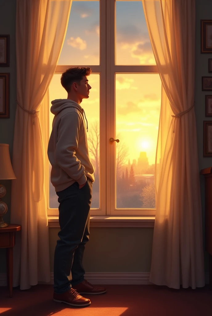 Prompt 3: Inside a cozy, warmly lit room, a young man stands by a window, looking outside with a hopeful smile. His hands are in his pockets, and he seems to be slightly swaying, as if impatient yet excited. Outside the window, the golden light of early ev...