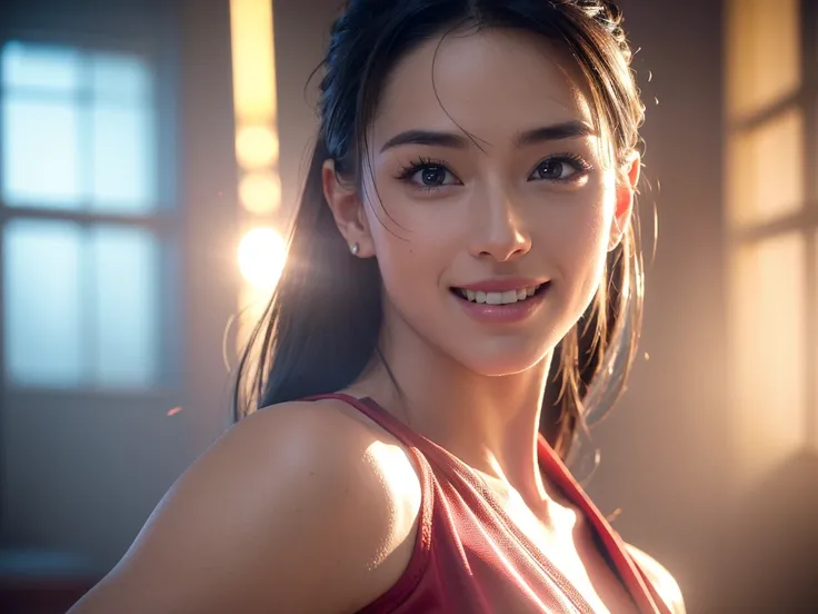 a gorgeous woman, martial artist, sportwear, beautiful detailed smile, beautiful detailed teeth, lover, cinematic dramatic lighting, (best quality,4k,8k,highres,masterpiece:1.2),ultra-detailed,(realistic,photorealistic,photo-realistic:1.37),HDR,UHD,studio ...