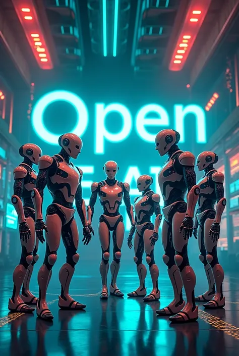 Create a vibrant image featuring a diverse group of futuristic AI robots, each showcasing unique designs and characteristics that reflect advanced technology. The robots should be engaging in various dynamic poses, conveying a sense of teamwork and collabo...