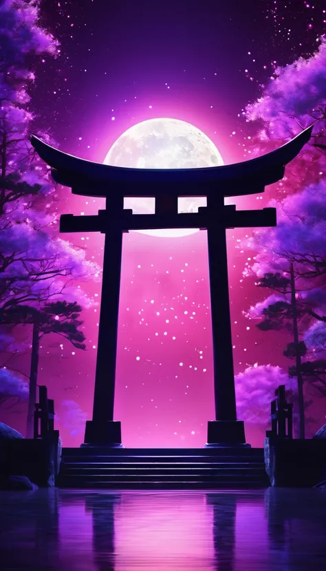 Shrine torii gate、in the center，Very bright color, Particles of light, The light shines, disaster, Wallpaper Art, UHD wallpaper、Purple background、mysterious、Impersonal、full moon