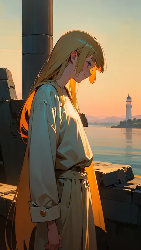 1 girl、alone、impression、(Oil)、Green and orange tones、blonde、Blunt bangs、Straight hair、Purple eyes、one piece、Long sleeve、profile、smile、Cowboy Shot、Golden hour sky、Near the lighthouse