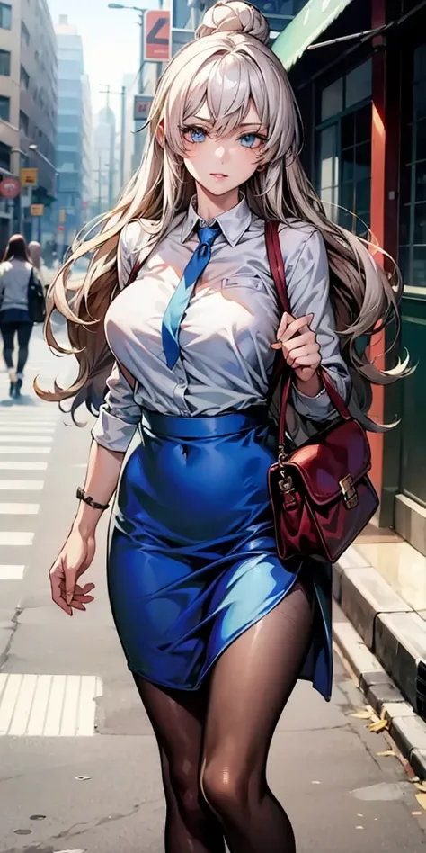 Ridiculous Resolutions, High resolution, (masterpiece:1.4), Very detailed, 1 girl,blue eyes, Long blonde hair，White Skirt, White handbag、pantyhose、street,Sexy pose, The camera is close to the body