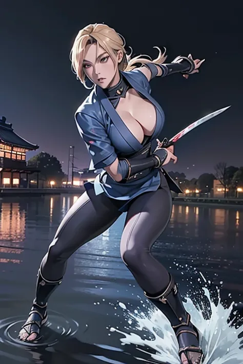 Highest quality,Ultra HD,Best AI Images, Full body photo,(Beautiful face like a Japanese actress), ((Blonde 1.2))，Japan no Kunoichi, Covert behavior, Female Ninja, ((Dagger fight scene)),(Dagger fight scene1.3),portrait of japanese woman, , Trending on dev...