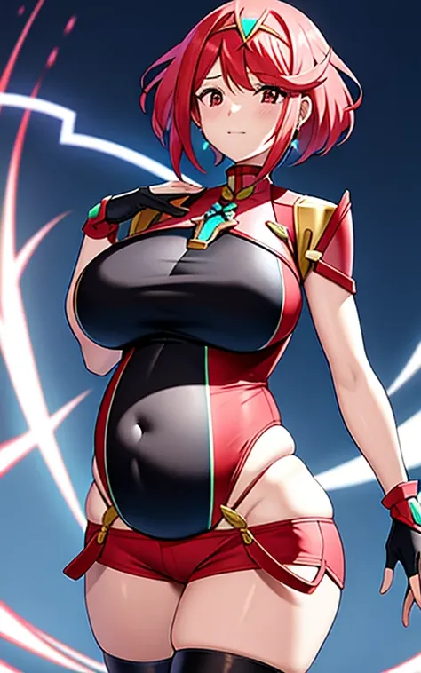 masterpiece,best quality,pyra,(xenoblade),xenoblade chronicles (series), (xenoblade chronicles 2),1 pregnant girl, armor, bangs, black gloves, breasts, red eyes,earrings, eyelashes, fingerless gloves, floating hair, framed breasts, gem, gloves, hair orname...