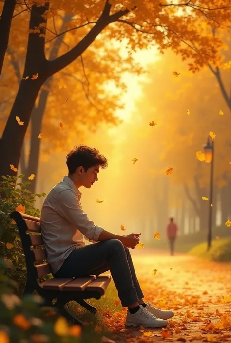 Prompt 2: In a golden-hued park, a young man sits on a bench, looking down at his watch and then gazing toward the entrance of the park. His expression is a mix of excitement and nervousness, as if he’s sure the woman he loves will arrive any moment. The l...