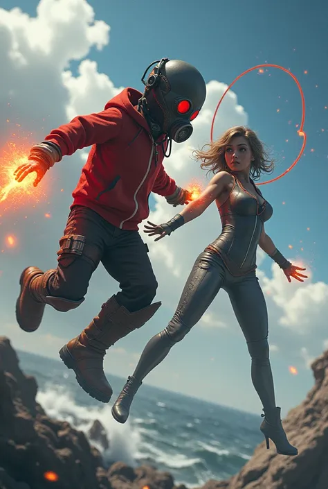 kid Star-Lord with red hoodie, Rocket boots, headphones, star-lord helmet, gas helmet, Covered mouth, Round & red eyes + Yorha no. 2 type b, big breasts, big ass, perfect body, Busty, realistic, power, Kick, Attack, magic rings in the hands, Fighting, powe...