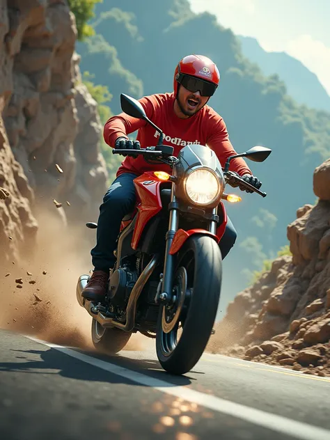 "A man in a Foodpanda uniform desperately accelerates his Foodpanda delivery motorcycle to escape a sudden landslide on a mountain road. Rocks and debris tumble down the slope behind him, the Foodpanda logo clearly visible as he races against the odds.