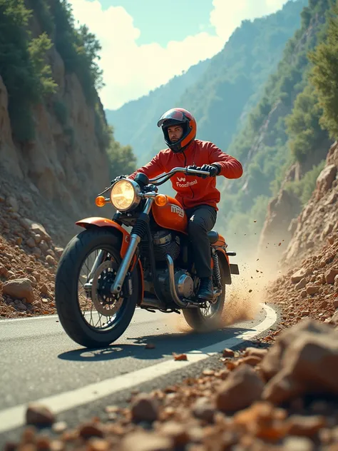 "A man in a Foodpanda uniform desperately accelerates his Foodpanda delivery motorcycle to escape a sudden landslide on a mountain road. Rocks and debris tumble down the slope behind him, the Foodpanda logo clearly visible as he races against the odds.