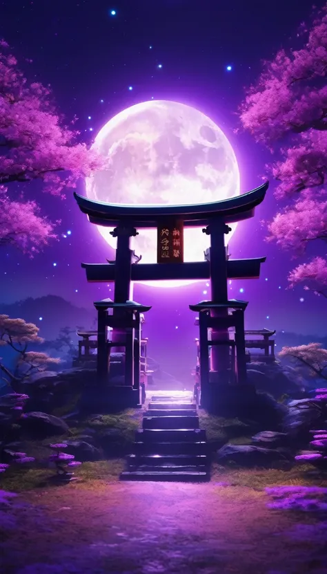 Shrine torii gate、in the center，Very bright color, Particles of light, The light shines, disaster, Wallpaper Art, UHD wallpaper、Purple background、mysterious、Impersonal、full moon