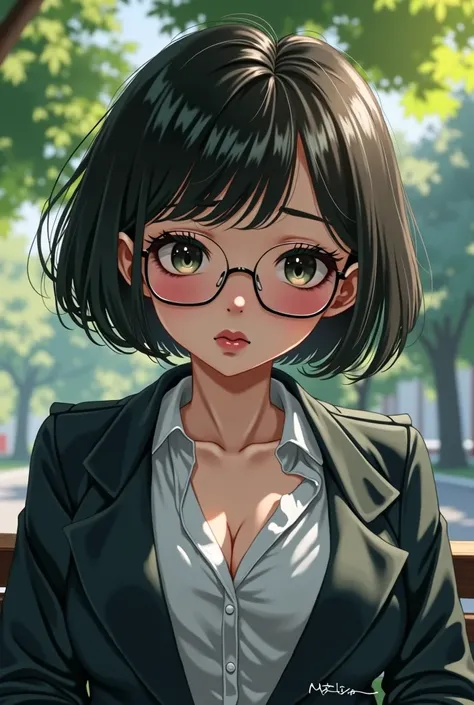 large breasts,baby face,plump,2,1 woman,blazer,wariza,fat body,cute face,have a sad expression,short hair,public park,glasses,sad,masterpiece, extremely fine and beautiful,japanese