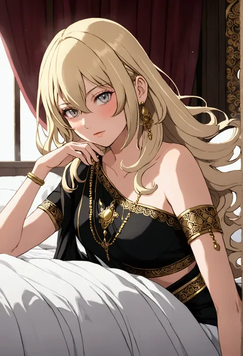 cynthia from pokemon, wearing black thin indian saree ,wavy knee‐length creamy‐blonde hair that covers her left eye with bangs, ...