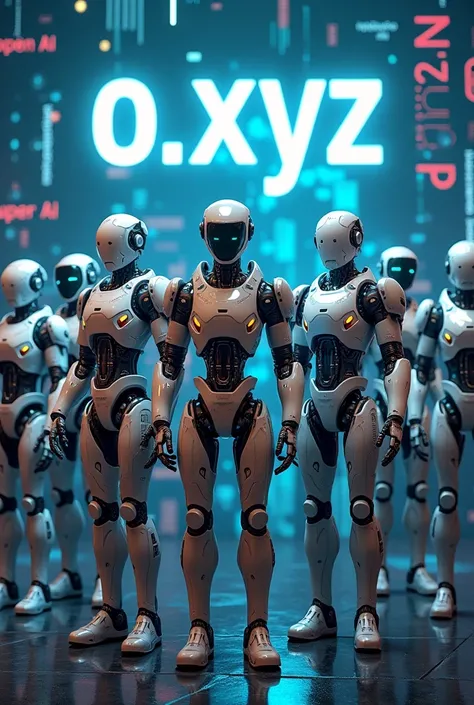 Create an image featuring a diverse group of futuristic AI robots standing together, showcasing a variety of designs, colors, and features, all indicative of advanced technology. The robots should be positioned dynamically, some facing forward while others...