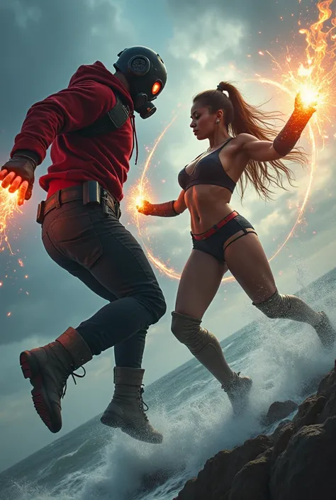 kid Star-Lord with red hoodie, Rocket boots, headphones, star-lord helmet, gas helmet, Covered mouth, Round & red eyes + zendaya, big breasts, big ass, perfect body, Busty, realistic, power, Kick, Attack, magic rings in the hands, Fighting, power, fiction,...