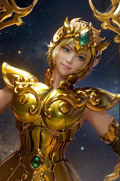 Highest quality, 8k, Super detailed, High resolution, Realistic skin texture, armor, (Realistically: 1.4), High resolution,Ultra HD、Ultra-clear、White and beautiful translucent skin、Beautiful and well-proportioned face、Cute smile、Saint Seiya of Libra、全身を黄金の...