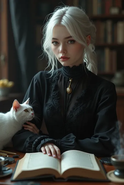 (photorealism:1.2), A 20-year-old white-haired young woman studying psychology who likes cats, tea and darkness, Dark clothes and romantic literature, Gothic and poetry, I have a great taste for literature. I am very decisive and mostly objective with a st...