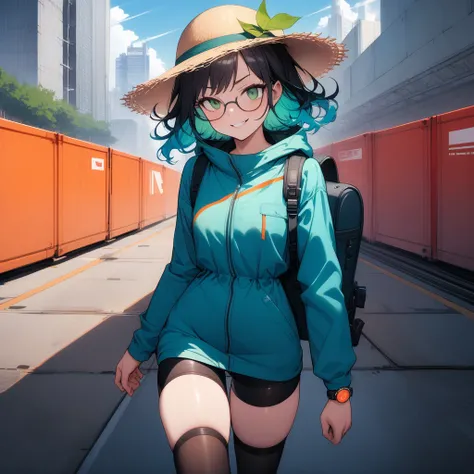 (masterpiece),(best quality),very aesthetic,(ultra-detailed),high saturation,nsfw,1girl,25yo,slender,tall,medium hair,black hair,natural wave hair,flipped hair,dark green eyes,comfortable,smirk,glasses,(straw hat with leaf color ribbon:1.2),carrying a aqua...