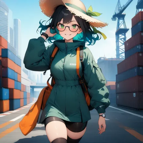 (masterpiece),(best quality),very aesthetic,(ultra-detailed),high saturation,nsfw,1girl,25yo,slender,tall,medium hair,black hair,natural wave hair,flipped hair,dark green eyes,comfortable,smirk,glasses,(straw hat with leaf color ribbon:1.2),carrying a aqua...