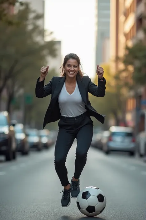 Businesswoman doing pull-ups with a soccer ball on the street 