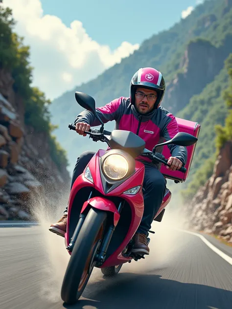 "A man in a Foodpanda pink and grey color uniform  desperately accelerates his Foodpanda delivery motorcycle with pink delivery box to escape a sudden landslide on a mountain road. Rocks and debris tumble down the slope behind him, the Foodpanda logo clear...