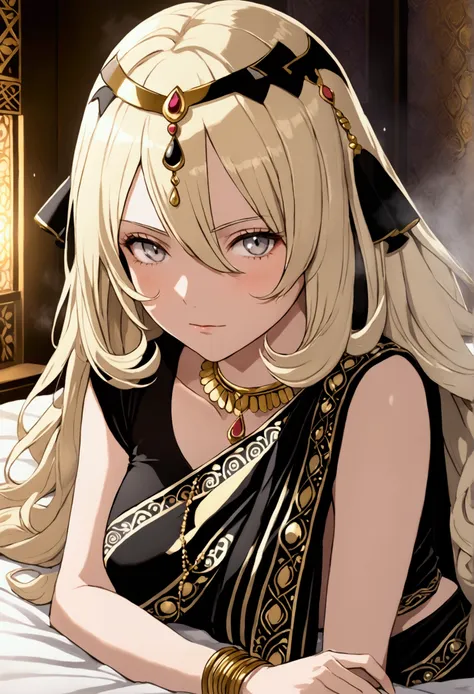 cynthia from pokemon, wearing black thin indian saree ,wavy knee‐length creamy‐blonde hair that covers her left eye with bangs, ...