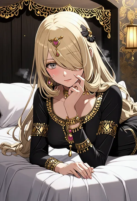 cynthia from pokemon, wearing black thin indian saree ,wavy knee‐length creamy‐blonde hair that covers her left eye with bangs, ...