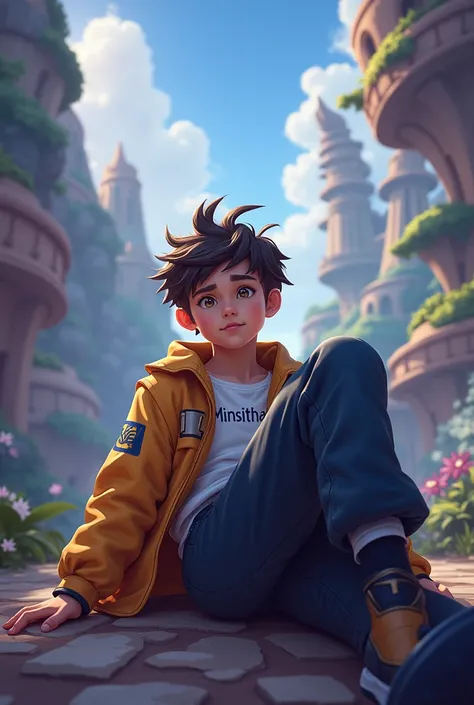 I want a boy to be on his back wearing a jacket with the name Minsitthar on the back of the jacket and above the name "Minsitthar" I want the image of the EXP Route of Mobile legends Bang Bang