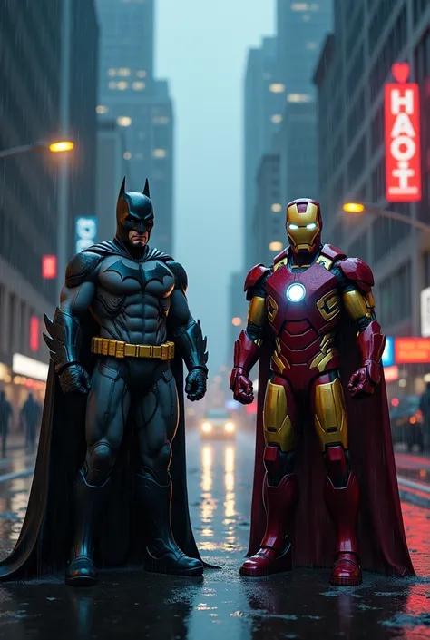 In a rainy night of New York city background batman and iron man stand next to each other in a 3D view heroic posses 