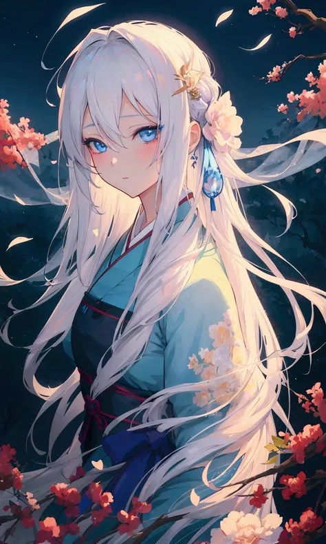 A girl with long white hair and blue eyes stands in a field, Anime style 4 k, guweiz style artwork, Anime style. 8K, digital Anime Illustrations, Anime styled digital art, Stylized anime, Beautiful anime portrait, Anime style portrait, palace ， Girl wearin...