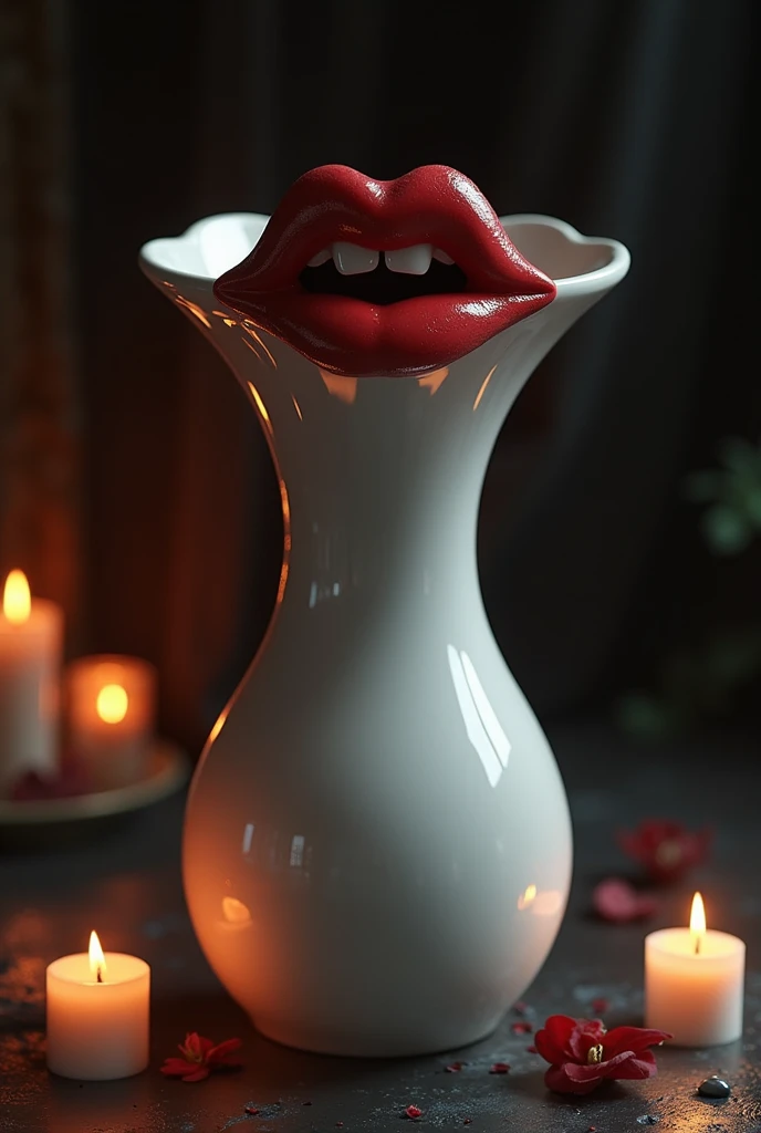 a white ceramic vase with red lips on it with vampire fangs, dark fantasy room lit by candles background