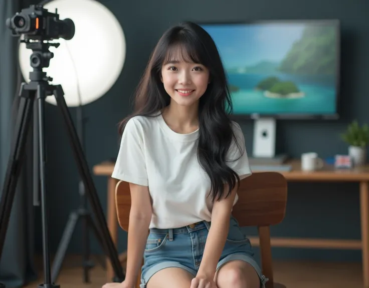 (masterpiece:1.2, Highest quality,Ultra-high resolution,Super detailed),8k,(wallpaper),(Photorealistic:2.0),(RAW Photos:2.0),(Plastic Models:2.0), A young Japanese idol girl with long black hair, (ample breasts). wearing a short-sleeved white T-shirt and d...