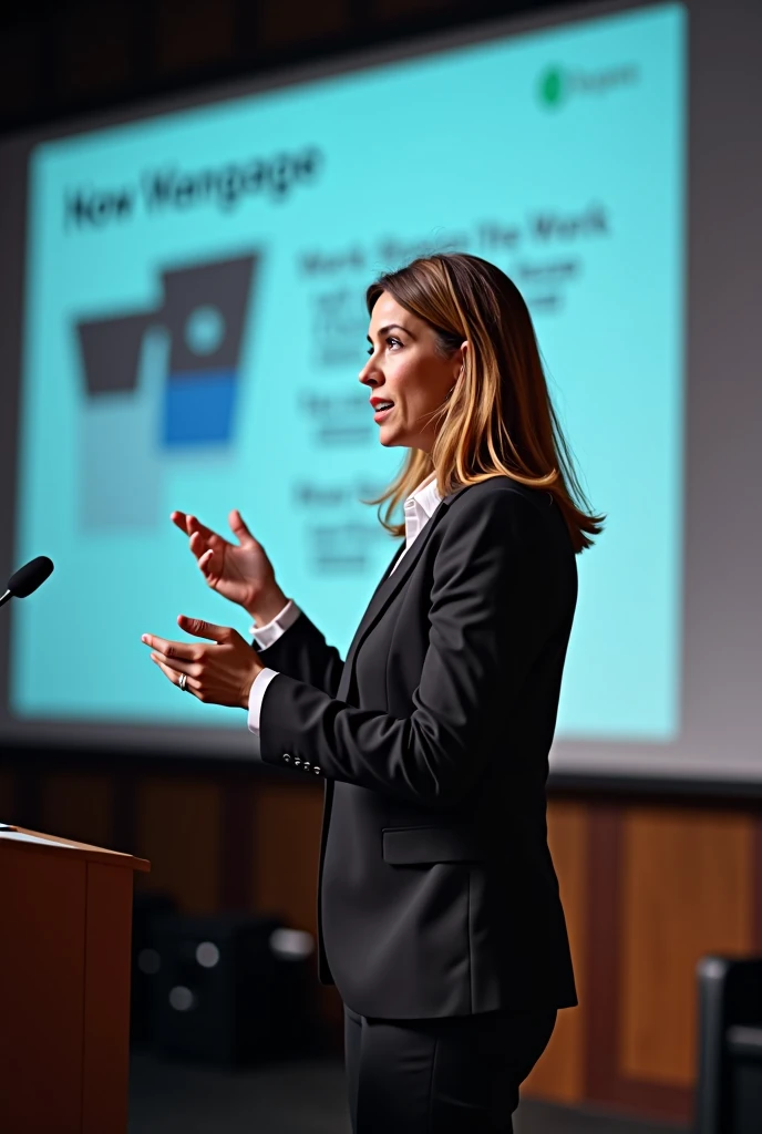 Woman presenting topic pointing at a slide giving a speech