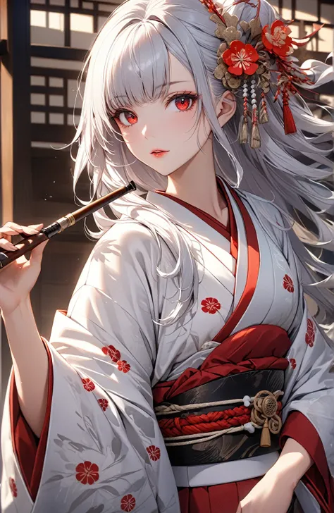 Ultra high resolution, rich colors, perfect image, top quality, detailed image, beautiful woman, glowing skin, skin and clothing texture, delicate eyes, Taisho period style, kimono, Japanese clothing, tobacco pipe, long silver hair, red eyes