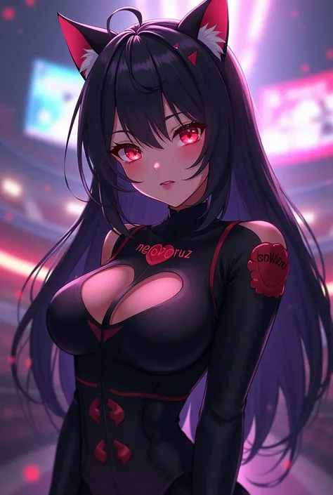 Girl with long black hair , with bangs and red eyes, cat ears, Collections ,with a lot of bust and that is in a game arena in the grandstand corridor , with the nickname "neocruz" written on the black blouse with a heart
