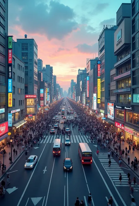 Aerial view of Shibuya Scramble Crossing, peoples cars passing by, studio ghibli, retro, pastels, wide shot, cinematic