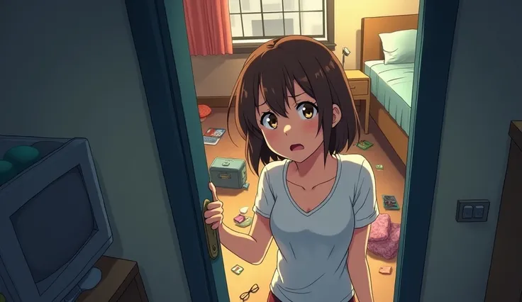 An anime image of a young woman with short brown hair opening the door to her dorm room to find a mess inside. Items are scattered all over the floor and the door is open. Amidst the mess, a pair of glasses are found on the floor. The young woman begins to...