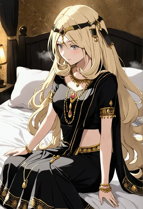 cynthia from pokemon, wearing black thin indian saree ,wavy knee‐length creamy‐blonde hair that covers her left eye with bangs, ...