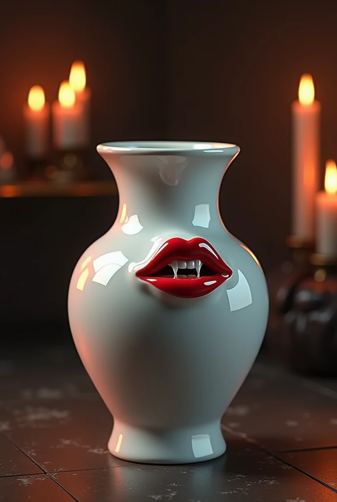 a white ceramic vase with red lips on it with vampire fangs, dark fantasy room lit by candles background