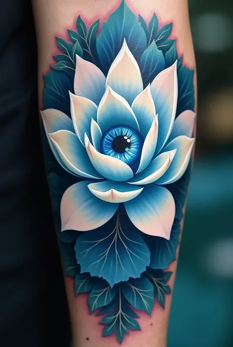 Get a tattoo of a white and blue lotus flower with petals that open and close in an endless cycle with a realistic blue eye in the center
