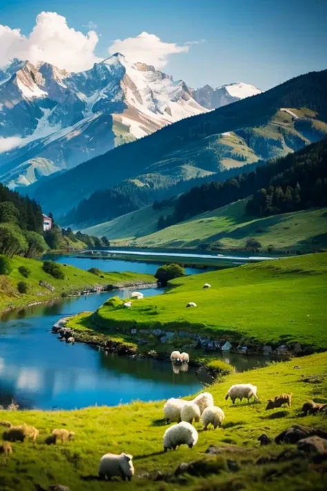 A shepherd rests his flock of white sheep by a stream, Near a vast green pasture, There is a valley of dark clouds in the distance, There&#39;s an abyss beneath the valley, Dark Clouds of the Abyss, HD detailed, Super detailed, Soft Light, Deep focus bokeh...