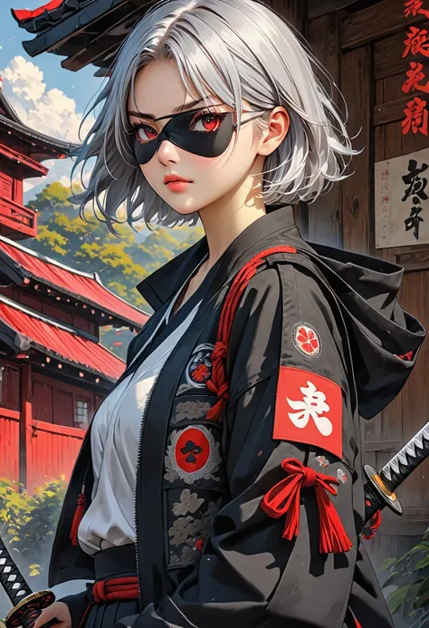 score  up_9,score up_8,score up_7,source_アニメ,top quality,super detailed,super fine illustration,8k,1 girl,20yo,cool,silver hair,short hair,holding_katana,detailed katana,black jacket,black army hut,red eyes,Eye patch,