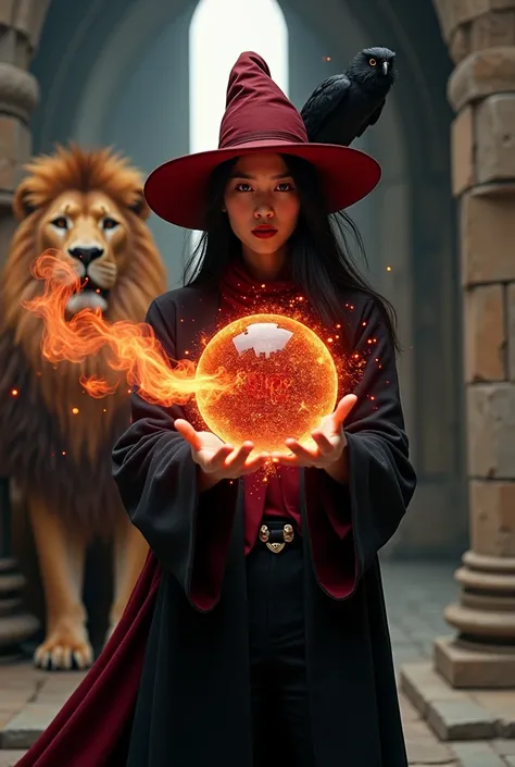 photograph, asian woman, white skin, Facing straight, Half-body image size, Fluffy black hair, Long slender fingers, Black witch cloak, Red Hat, Inside is a red dress., There is a fireball in the hand., The letters Gryffindor are floating in the fireball.,...