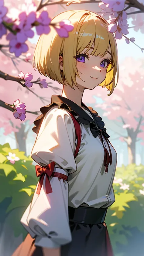 1 girl、Anime style painting、Upper body close-up、From the side、Bento box、Small breasts、smile、(blonde)、Bobcut、Beautiful purple eyes、Frilled blouse、Momiji Park、Background Blur, Written boundary depth