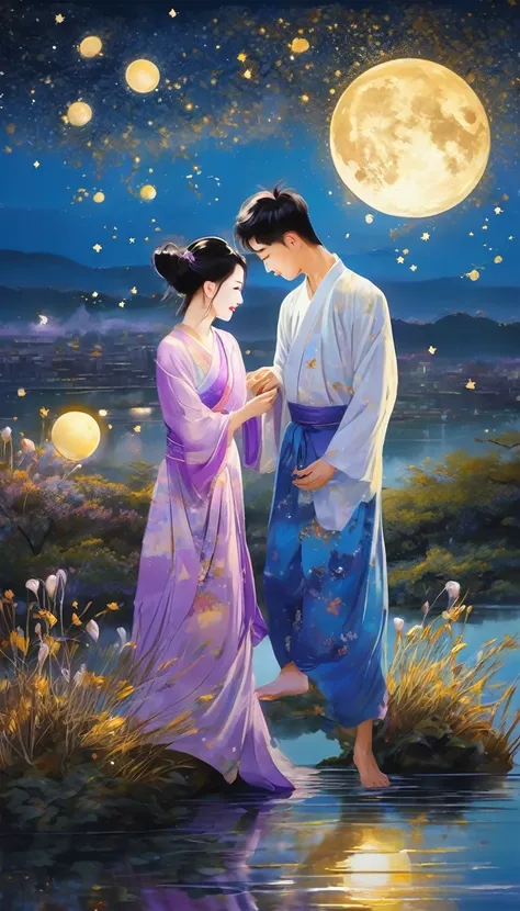 (((masterpiece)))、(((Highest quality)))、((Ultra-detailed))、(Awareness-raising)、((Very delicate and beautiful))、、Bright smile、floating、Light purple hair、(Detailed light) (Man and woman couple)、The wind is blowing、world、Painting of a river with stars and moo...